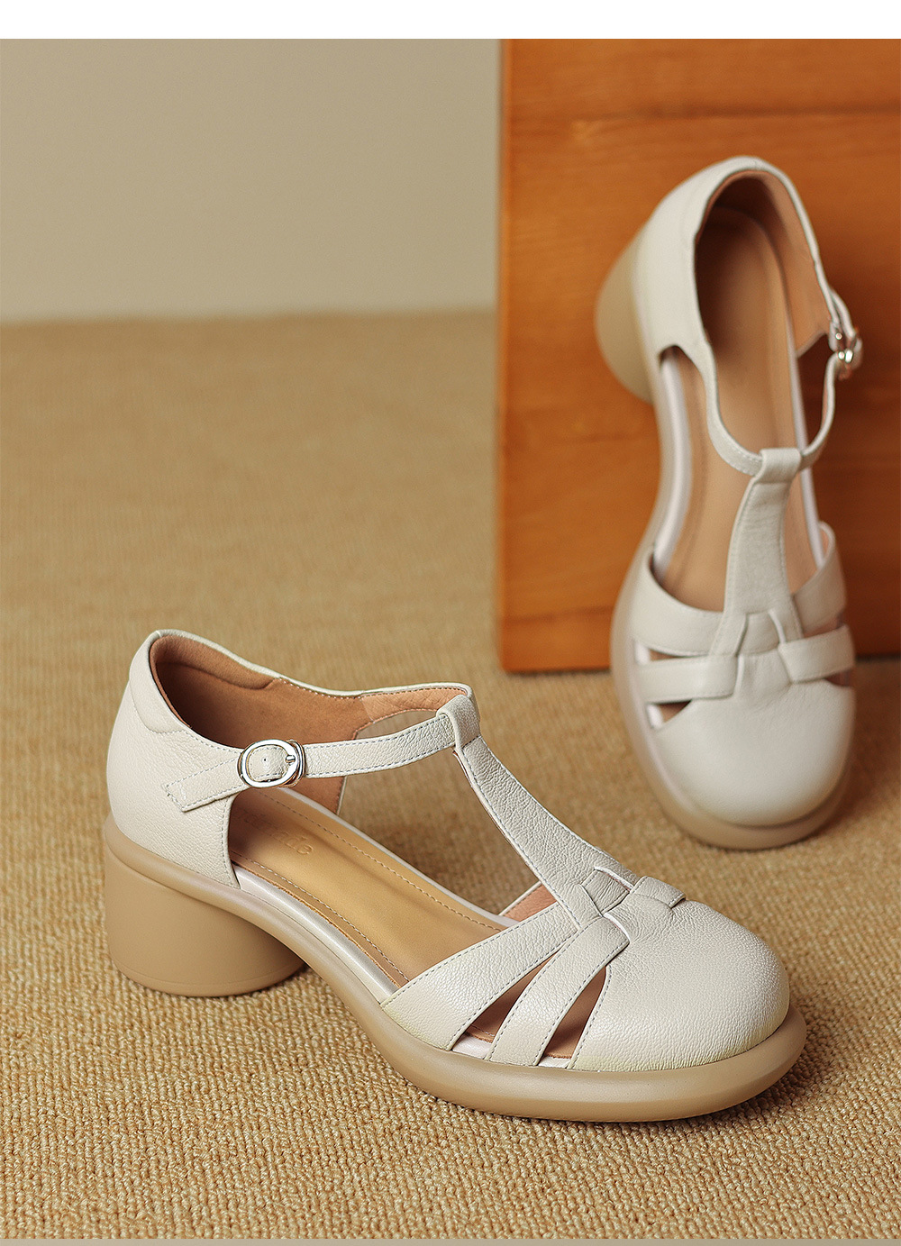 Sandal Mary Jane nữ đế dày gót vuông mũi tròn dệt kiểu La Mã — Màu trắng nhạt chi tiết 14