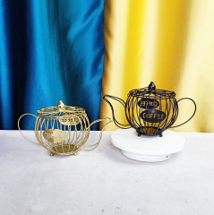 廠家直銷創意紫砂壺形咖啡膠囊架鐵線幾何形咖啡豆收納筐桌面擺件