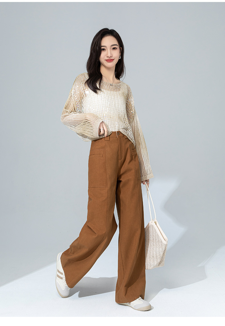Quần jean nữ cạp cao ống rộng dáng suông chất cotton Tencel mềm mại — Màu bí ngô chi tiết 18