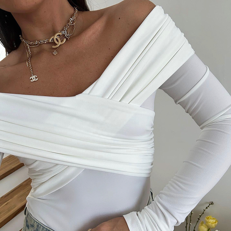 Ropa de mujer de comercio exterior europea y americana estilo caliente sexy hombro de una línea manga larga pliegues cruzados cintura alta delgada temperamento sin hombros image 5
