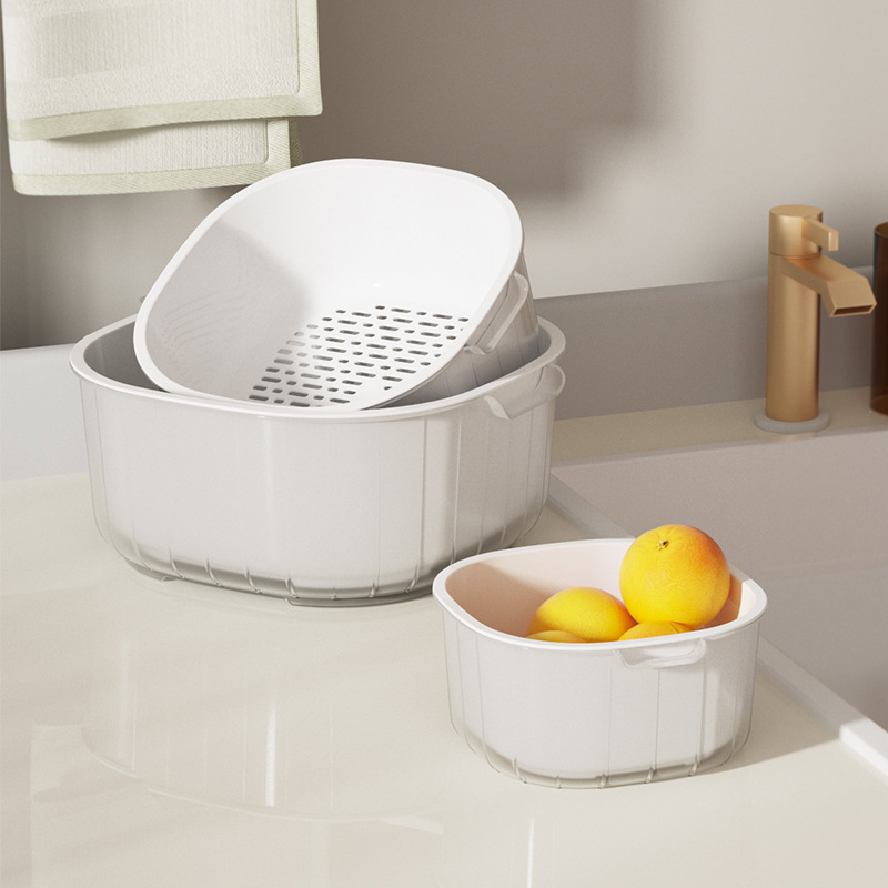 Plastic Draining Basket Double-layer Transparent PET Vegetable Washing Basin Square Draining Blue Kitchen Living Room Fruit Rice Washing Draining Basket