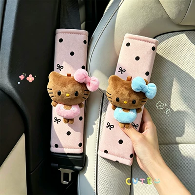 Cute shoulder protector for women, seatbelt decoration, car interior anti-wear clothing protection, universal for all seasons, cartoon KT cat (Sürətlər qutusu və əl tormozu başlıqları) - pink-black-leather-eyelet-light-blue-black-leather-eyelet-black-polka-dot-pink-shoulder-pad-2hand-sewn
