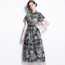 夏季欧美走秀款动物丛林印花衬衫短袖收腰中长款连衣裙女