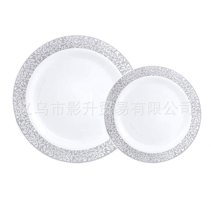 Cross-Border Hot Selling 7.5inch 10inch Disposable Hollow Gold-Rimmed Plates Tableware Ps Hard Plastic Fruit Plate Manufacturer