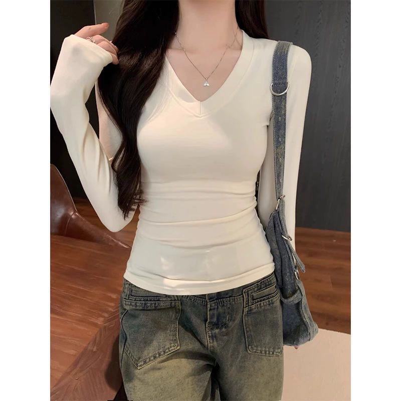 Velvet long‑sleeve V‑neck top, demi‑season, increased thickness, slim fit