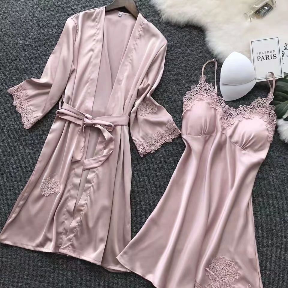 Satin Home Sexy Women's Nightgown Two-Piece Set Imitation Silk Thin Nightgown Women's Sexy Nightgown Breast Pad All Year Round