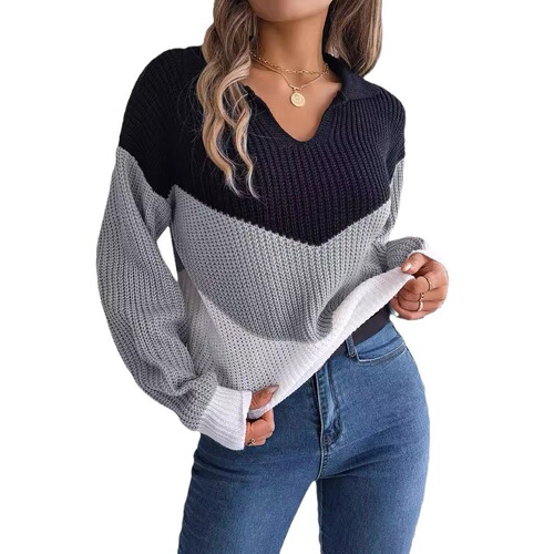 European and American Hot-Selling Autumn/Winter Women's Casual Lapel Color-Block Long-Sleeve Knitted Pullover—Independent Website