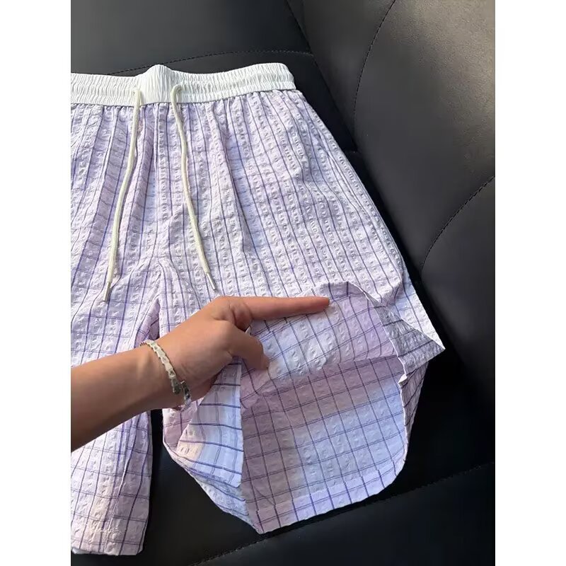 Men's Thin Seersucker Ice Silk Plaid Quick Drying Beach Shorts Summer Athletic Capri Pants_viptrois.com