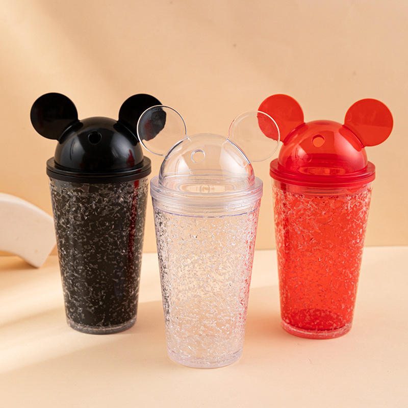 厂家直销米奇透明吸管杯夏日户外便携礼品杯 双层个性创意塑料杯
