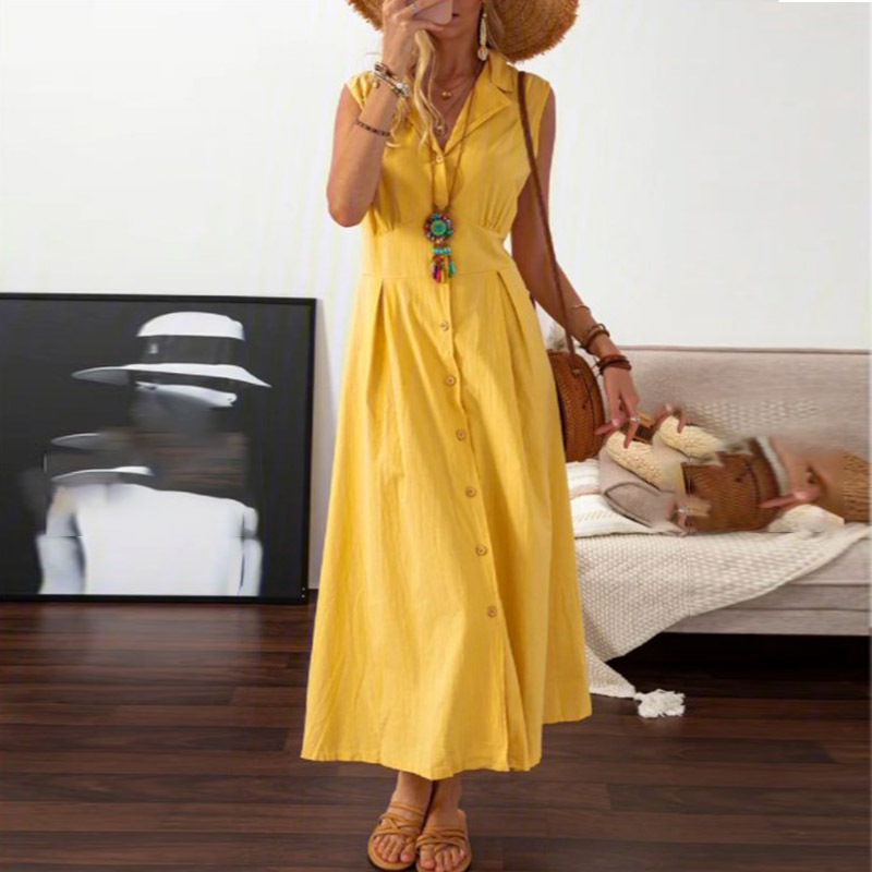 Cotton and Linen Fabric Type Mid Waist Waist Line Wholesale Women's Casual Solid Color Holiday Daily V Neck Turndown Sleeveless Tank Dress