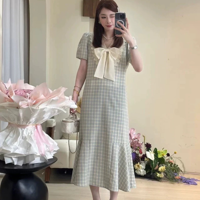 Dd [Deep Sea Story] Fishtail Long Skirt Plaid Slightly Fat Elegant Bow Large Size Extended Dress Women Summer