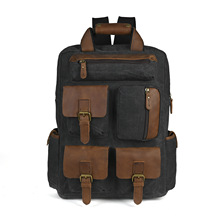 欧美新款男士双肩包大容量户外旅游休闲17寸帆布拼接真皮背包1170