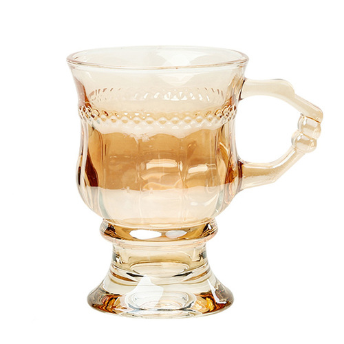 Ins retro European style water cup tea cup home milk tea cup amber glass cup with handle wine cup coffee cup