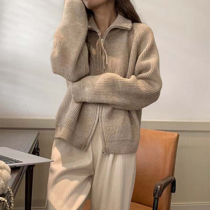 韩系翻领开衫毛衣外套女秋冬2025新款宽松慵懒风加厚针织上衣服|undefined