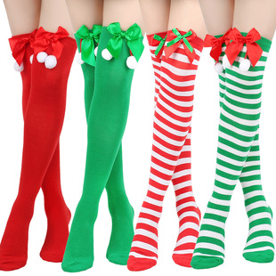 New Cross-Border Bow Christmas Socks Ball Socks Over-The-Knee Socks Women's Long European and American Holiday Christmas Striped Stockings