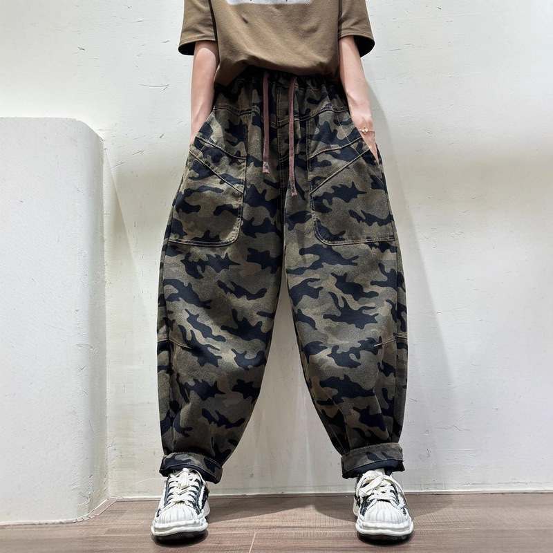 迷彩印花牛仔裤2025秋季新款个性复古松紧腰大口袋工装哈伦裤女|undefined