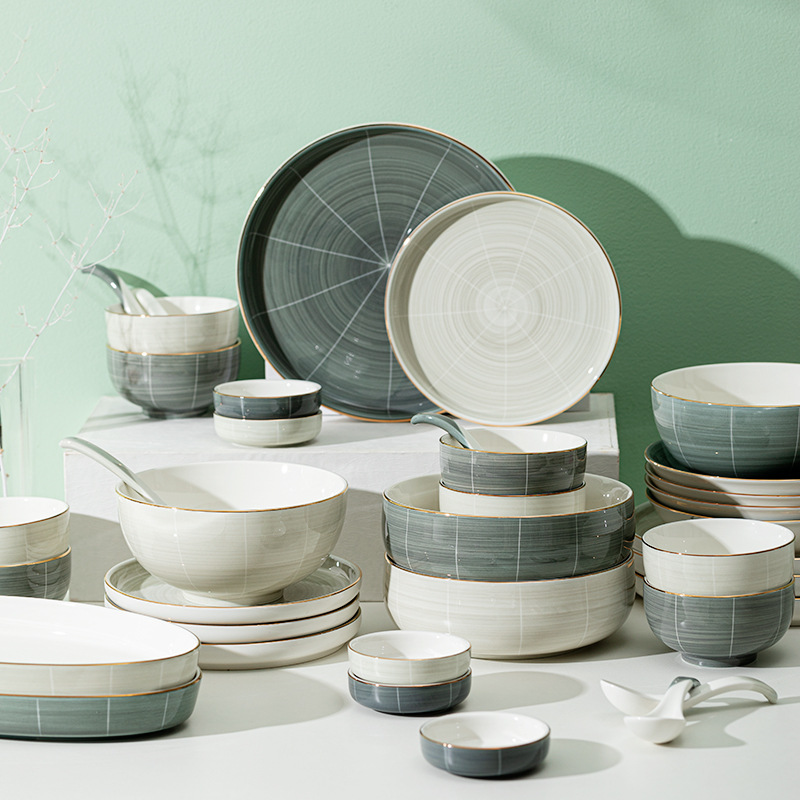 Shanensang tinta Nordic tazón y plato vajilla traje hogar plato de cerámica tazón de sopa y palillos plato de luz caja de regalo de estilo de lujo
