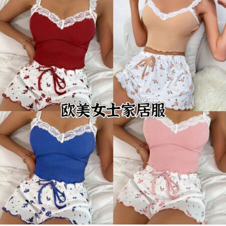 New European and American cross-border home wear: sexy lace camisole pajamas with shorts for women, slim-fit two-piece set for outerwear New European and American cross-border home wear: sexy lace camisole pajamas with shorts for women, slim-fit two-piece set for outerwear