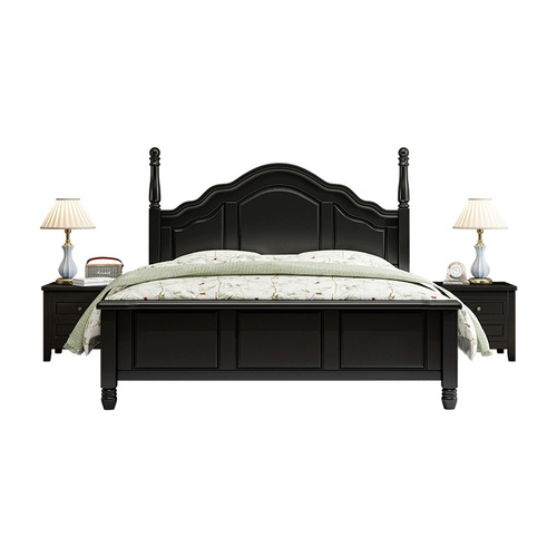 Vintage American solid wood bed, black, 1.5m and 1.8m double bed, modern minimalist, antique style, light luxury, French style bed, wedding bed