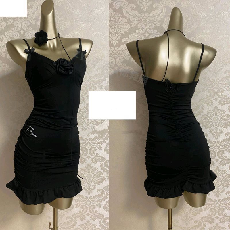 Dancewear Black Rose Heavy Industry Dress Pleated Hip Covering Ruffled Latin Skirt with Breast Pad