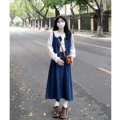 初秋新款牛仔搭配套装小个子马甲外套长袖衬衫女显瘦半身裙三件套