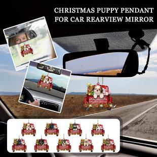 2022 Acrylic Christmas Cute Puppy Flat Pendant for Sitting on Red Truck Happy Christmas Decoration