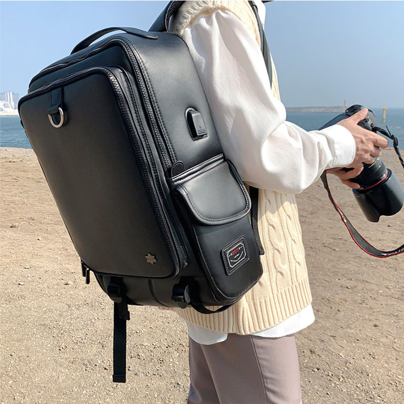 韩版全PU皮防水背包大容量配USB接口17寸电脑双肩包出差旅行包