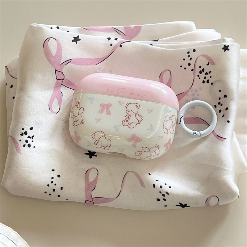 Pink bow bear AirPods Pro 2 earphone case suitable for Apple 1/2/3 generation wireless Bluetooth protective shell