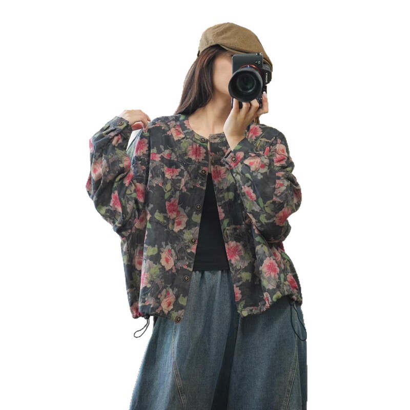 棉麻印花短外套女 2025秋新款复古文艺宽松下摆抽绳开衫上衣 8322|undefined