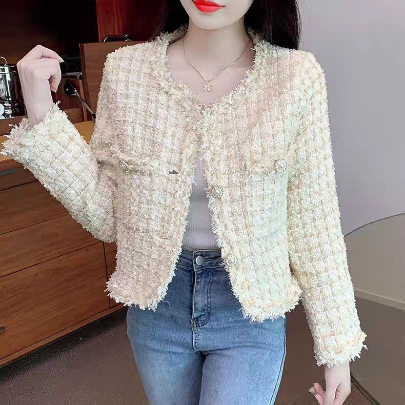 法式气质名媛小香风粉色粗花呢外套女早秋季高级感小个子短款上衣|undefined