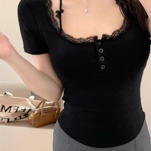 Unique and Beautiful Short-Sleeved T-Shirt Women's Summer New Slimming Look Bottoming Shirt with Lace Splicing Short Top