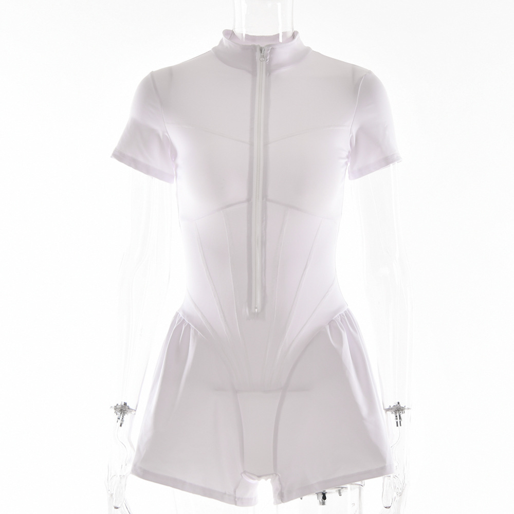 Amazon transfronteriza Venta caliente sexy apretado Falda corta mono otoño nuevas mujeres de cuello redondo manga corta cremallera bottoming camisa image 7