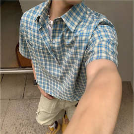 美式复古格子衬衫男短袖夏季休闲潮流冰丝衬衣男高级潮牌痞帅衬衣