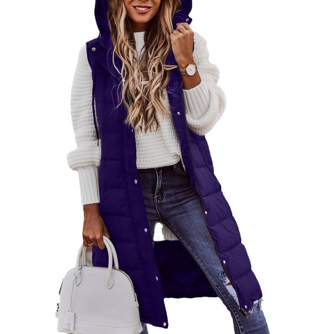 Europa y América nueva moda casual Chaqueta de algodón acolchado de color sólido con capucha chaleco Delgado elegante cardigan sin mangas abrigo de longitud media para las mujeres image 3