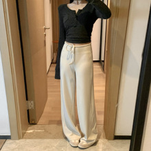 米白色格子裤子女春季新款撞色腰设计感高腰垂感遛弯裤休闲阔腿裤