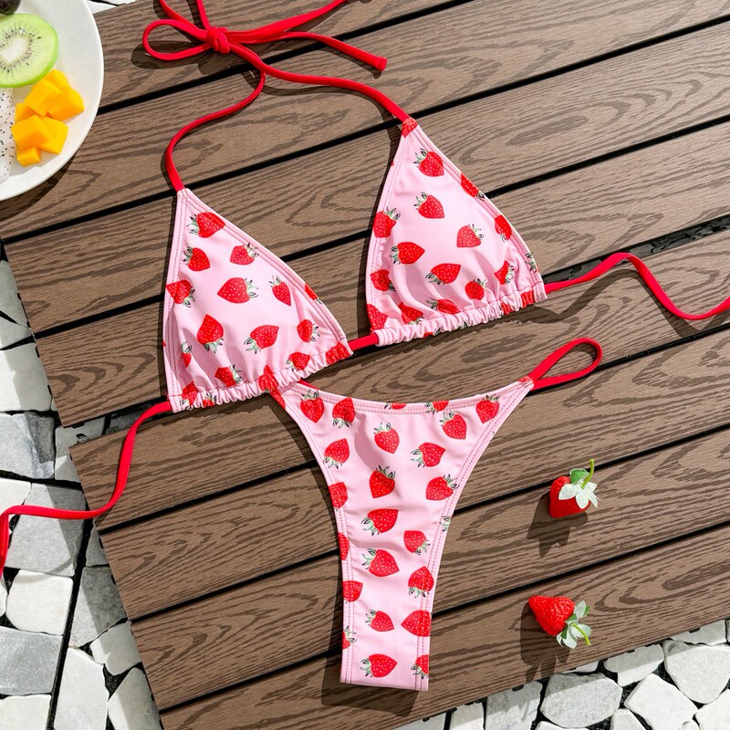 European and American Cross-border New in stock Swimsuit Women's Sexy Slimming Backless Strap Printed Briefs Bikini Bikini