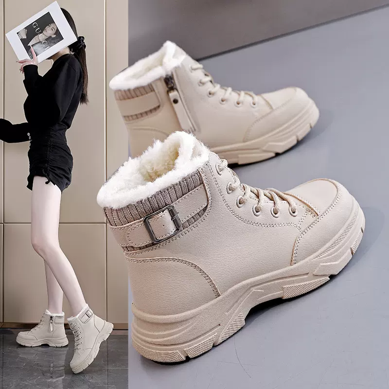 厚底加绒高帮雪地靴女2025冬季新款韩版百搭时尚系带中筒靴女L967