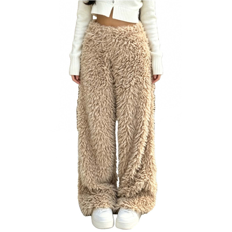 Women's Thick Solid Color Autumn and Winter Fashion Elastic Waist Long Warm Plush Pants for Fall and Winter