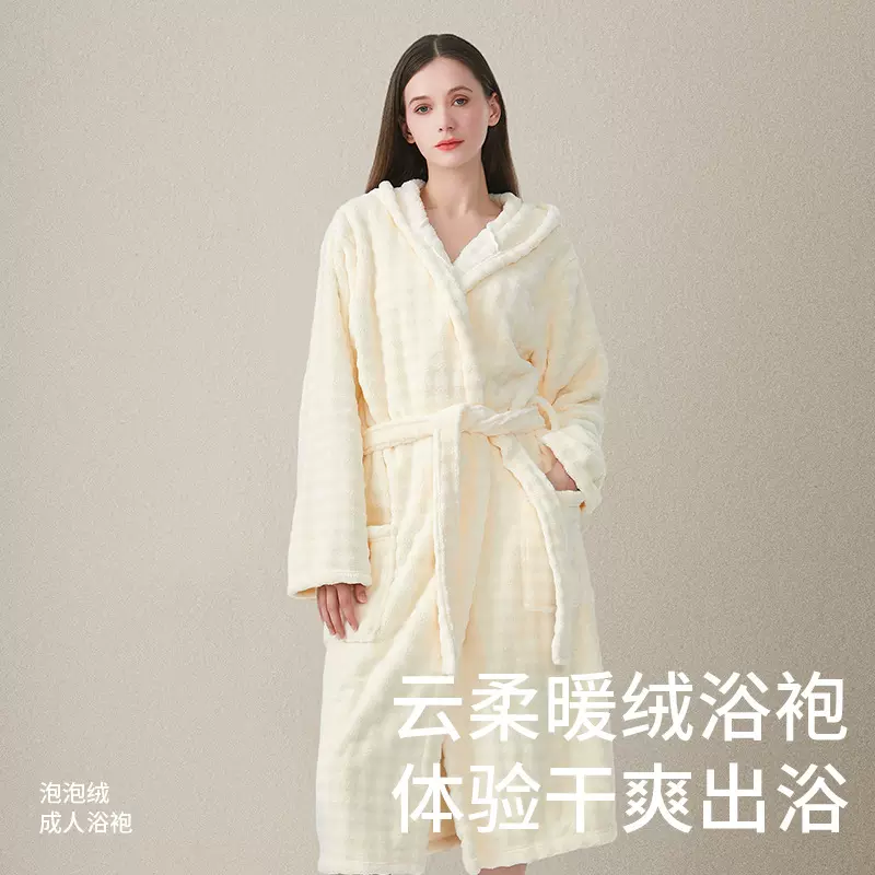 新款长袖珊瑚绒加大连帽泡泡绒A类浴袍家用吸水速干可穿可裹浴巾