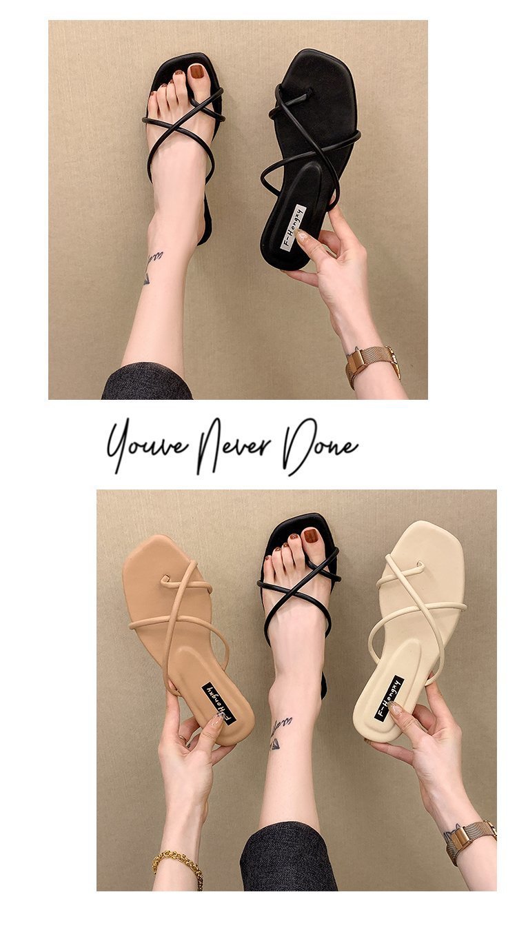 Hausschuhe im Feenstil, neue Oberbekleidung für Damen im Sommer 2024, koreanische Version, schlichter und schmaler Riemen mit quadratischer Zehenpartie und flachem Boden_voghion.com
