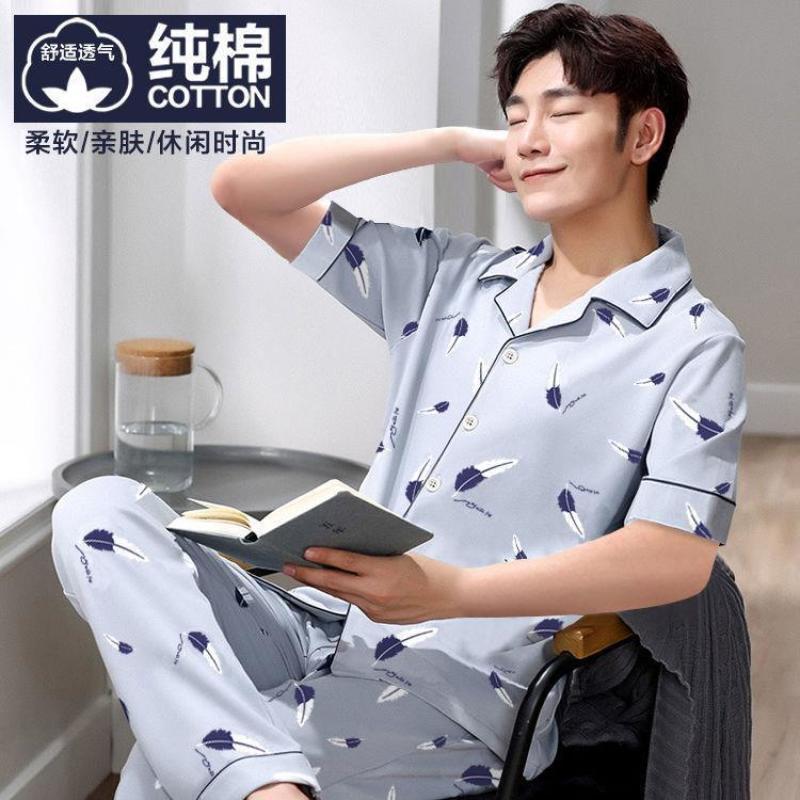 [Pure cotton] men's pajamas short sleeve long pants thin spring/autumn plus size 200 jin homewear set summer breathable