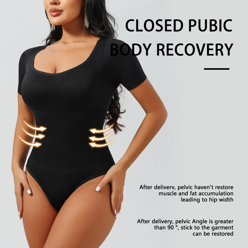 Cross-border Hot-selling European and American Square Collar Waist Belly-fit Seamless Short-sleeved G-string Body-shaping jumpsuit Body-shaping underwear