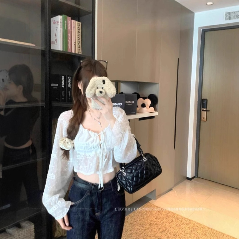 French Lace Lantern Sleeve Shirt Women's Summer Long-Sleeved Sun Protection Shirt White Sweet Style Design Short Top