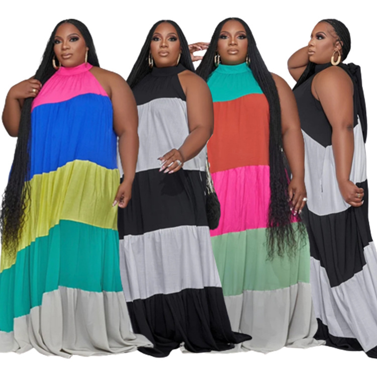 Women's plus-size splicing color contrast long swing dress_voghion.com