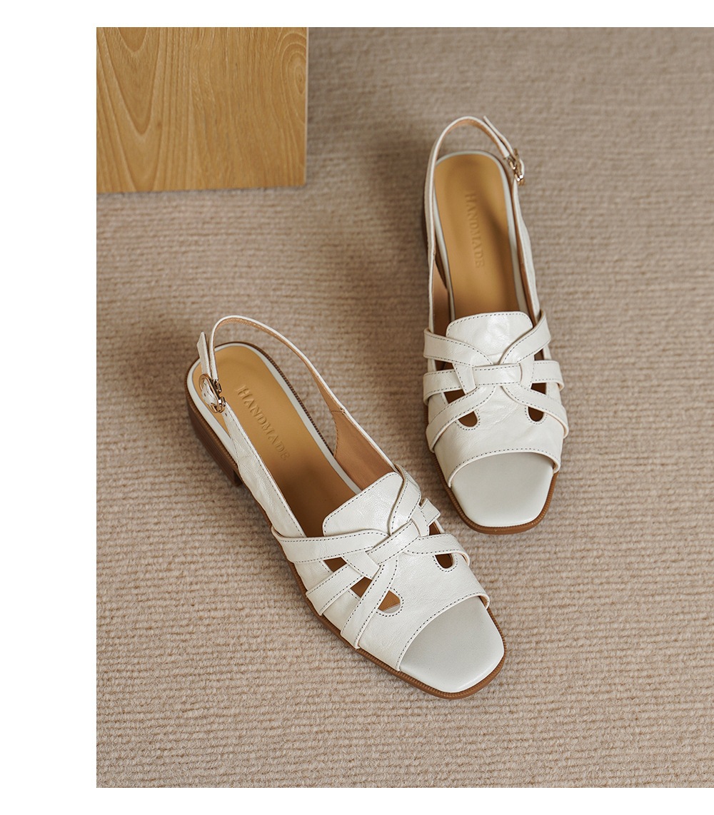 Sandal nữ hở mũi da cừu gót thô phong cách La Mã quai chữ T — đen chi tiết 13