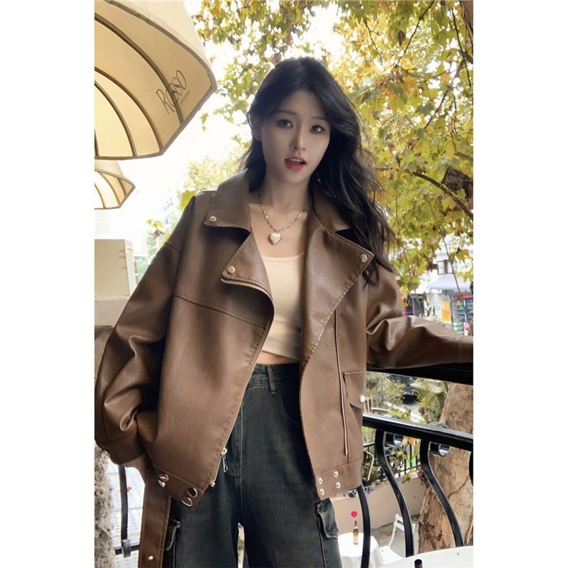 Maillard Leather Jacket Women's Autumn and Winter 2025 New Short Suit Collar Sweet Cool Loose Long-Sleeved Jacket Motorcycle Jacket