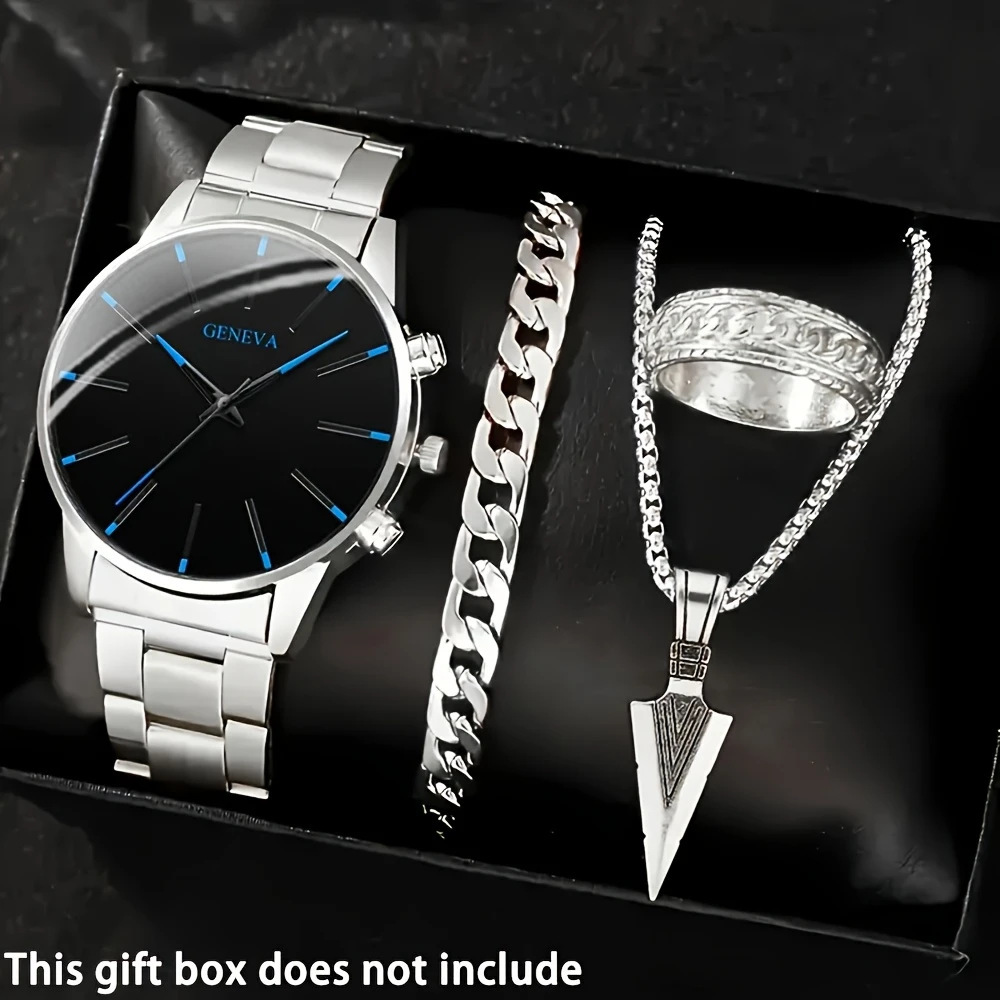 Temu Popular Men's Watch Set Blue Needle Steel Belt Glass Quartz Watch Necklace Ring Men's Watch