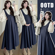 实拍现货 春季新品韩版衬衣+牛仔背带裙 孕妇套装