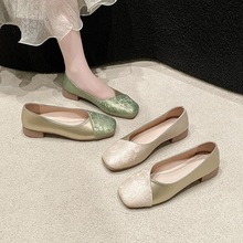 旗袍鞋新中式真皮国风时尚软底百搭方头中低跟女鞋粗跟豆豆鞋女