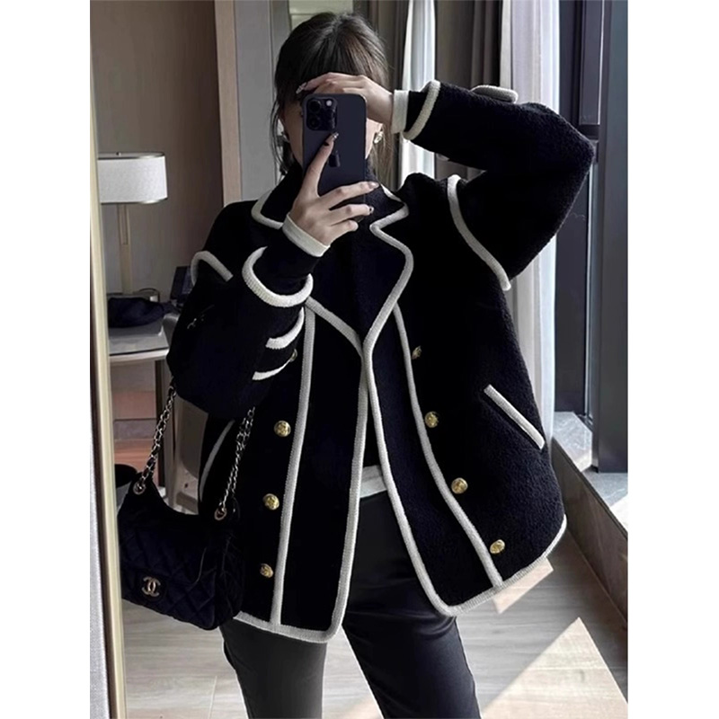 플러스 사이즈 샤넬 스타일 두꺼운 양모 양고기 긴팔 양모 코트 여자 2024 가을 통통녀 슬리밍 탑 올 매치